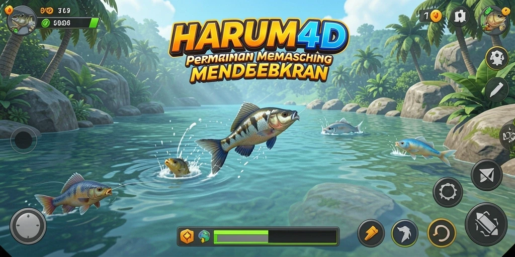Tampilan utama gameplay HARUM4D menampilkan aksi memancing yang seru.