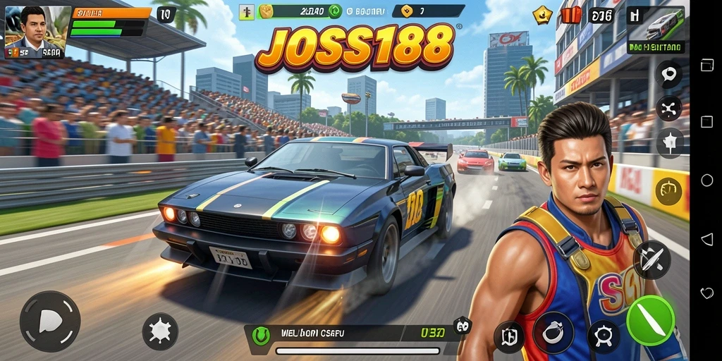 Tampilan gameplay JOSS188 yang penuh aksi di lintasan balap.