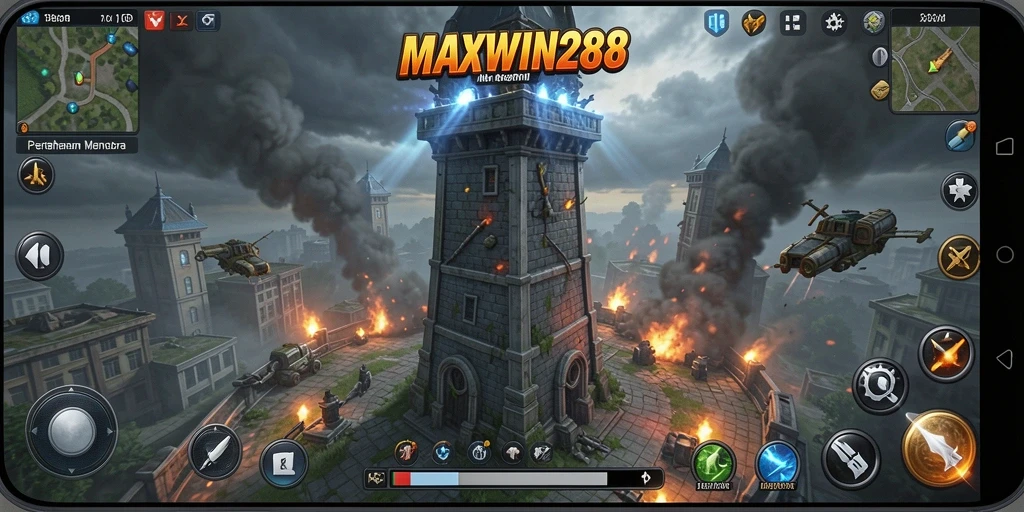 Gameplay seru MAXWIN288 dengan pertahanan menara yang strategis.