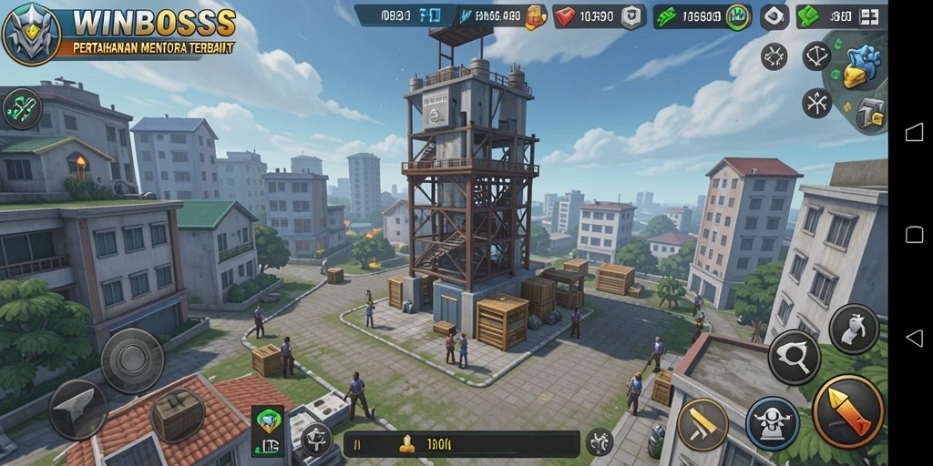 Tampilan gameplay menarik dalam <strong>WINBOSS</strong> menara bertahan dari serangan musuh.
